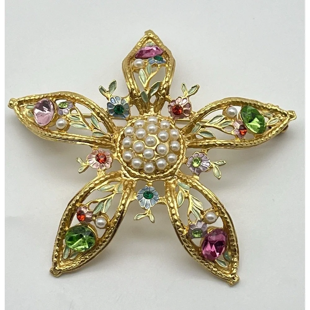 Vintage Rhinestone Pearl Brooch Signed Tiara Misu IV Pastel‎ Flower Gold Toned